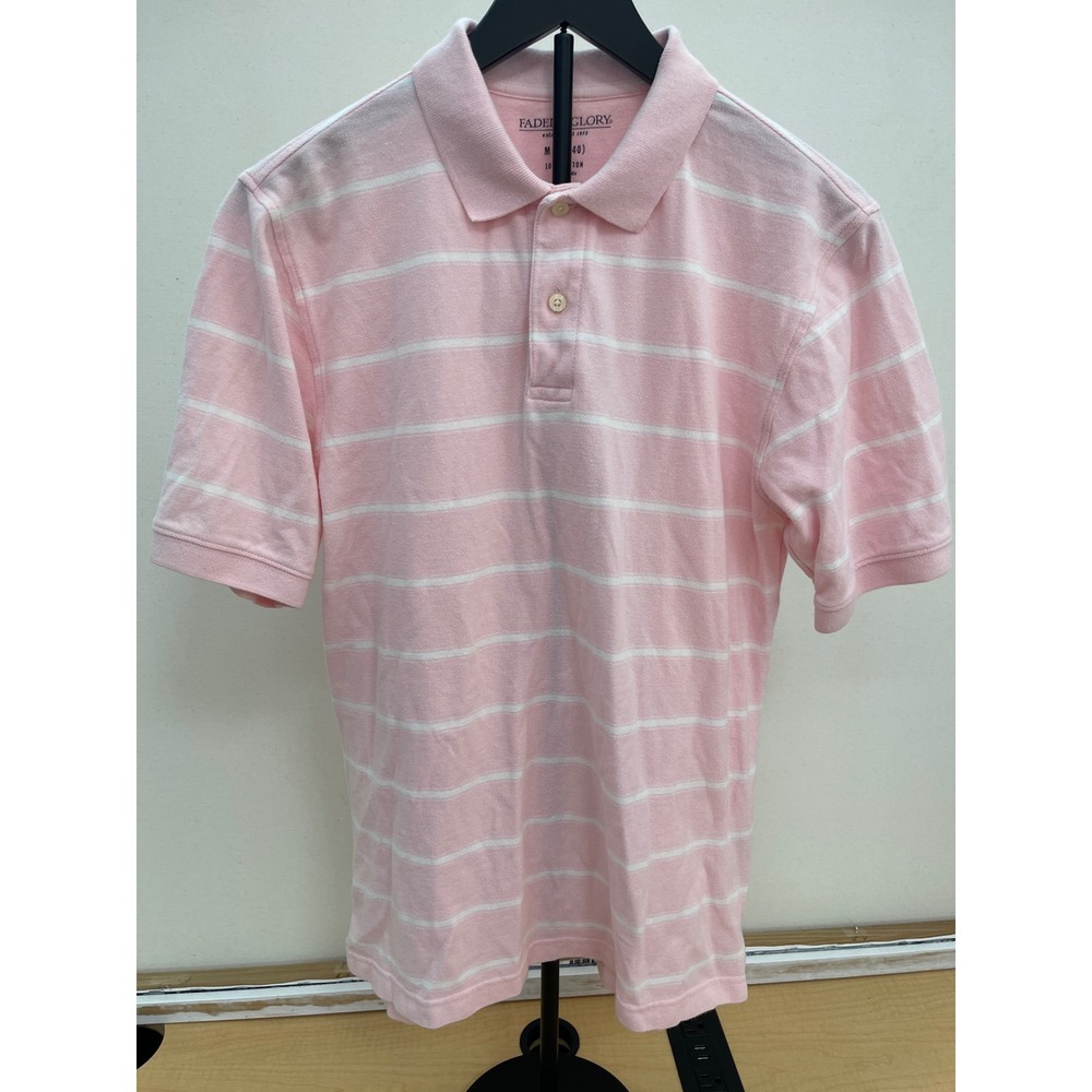 Faded Glory Mens Pink White Striped Short Sleeve Cotton Polo Shirt Size M 38-40